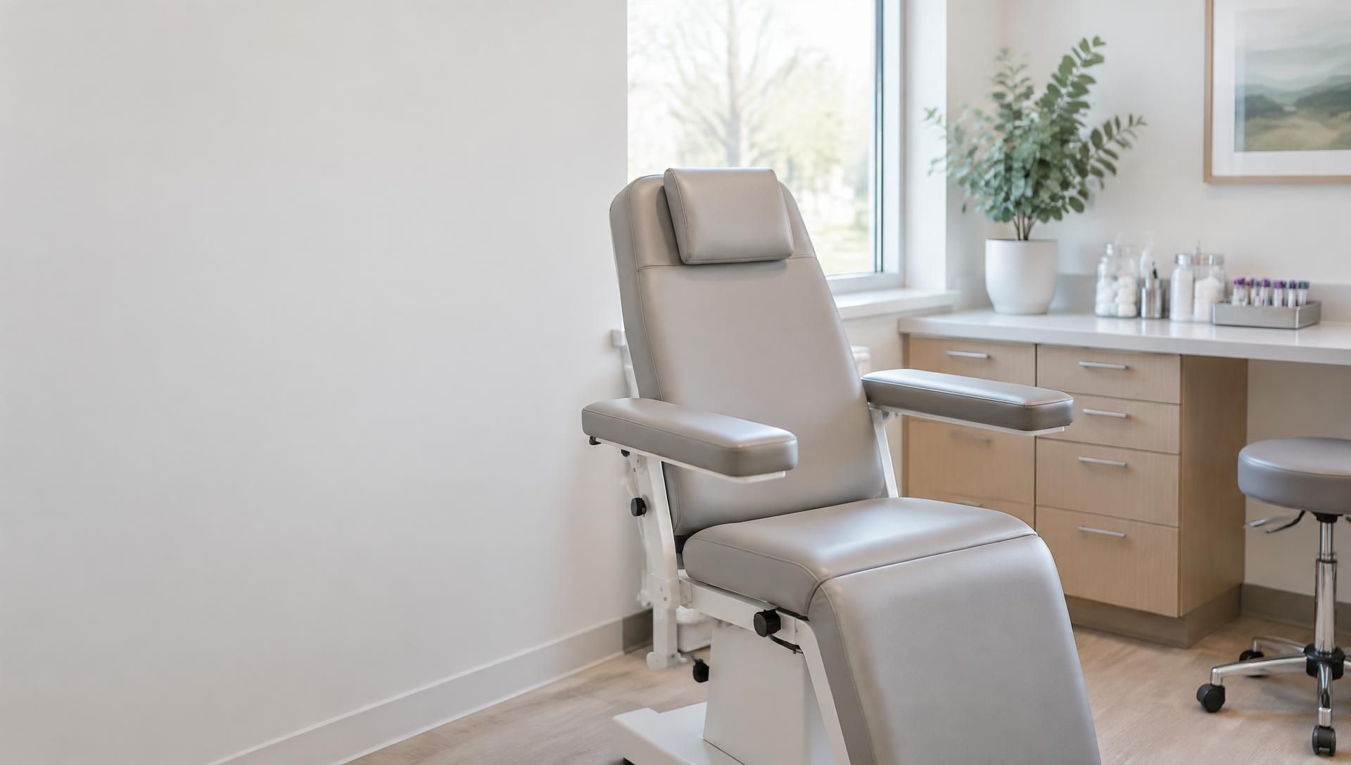 Salle de soins lumineuse avec fauteuil de prélèvement